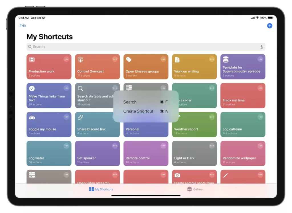 iPad keyboard shortcuts for the Shortcuts app