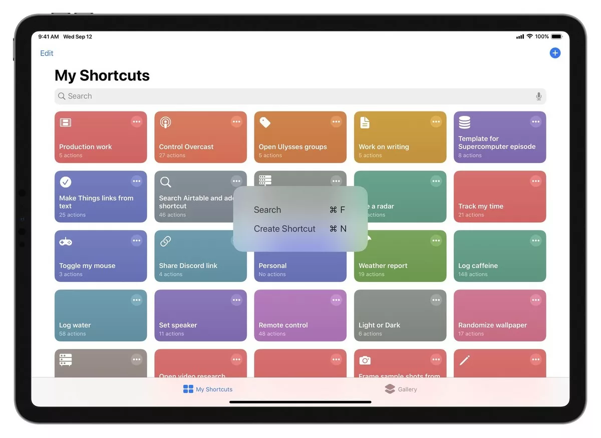 Screenshot of the Shortcuts app showing the two keyboard shortcuts from the My Shortcuts view – Command F for Find and Command N for new.