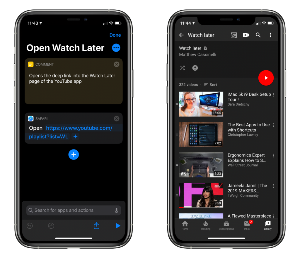 Opening directly into Watch Later on YouTube with a Siri Shortcut