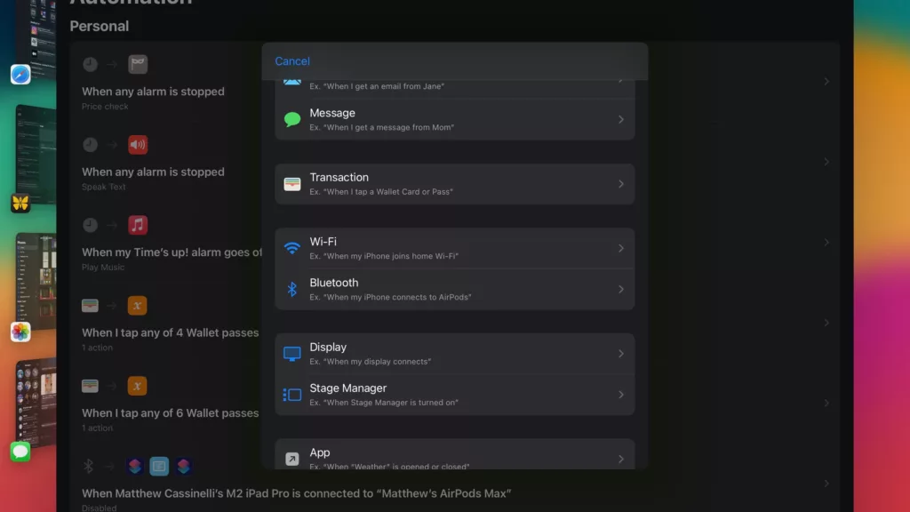 Shortcuts has new Automations in iOS 17 and iPadOS 17: Transaction, Display, & Stage Manager