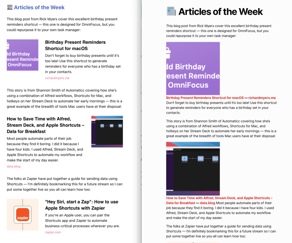 Left: Revue's link embeds; Right: default HTML for embed exports.