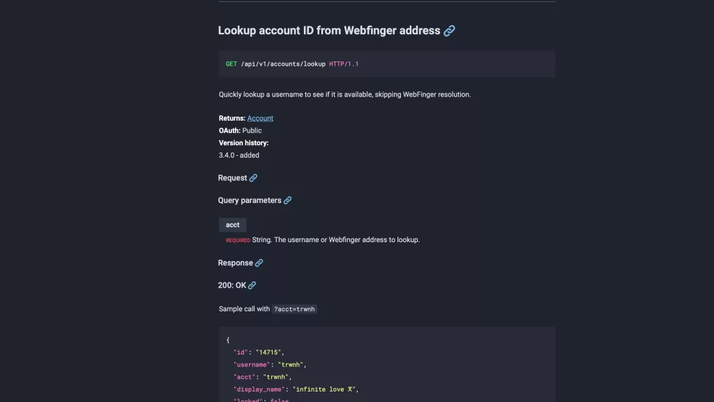 Screenshot of Mastodon "Lookup acccount" API endpoint documentation.