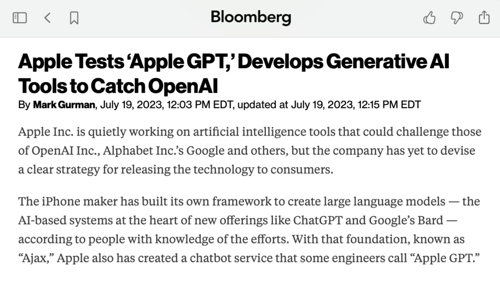 Apple Tests ‘Apple GPT,’ Develops Generative AI Tools to Catch OpenAI »