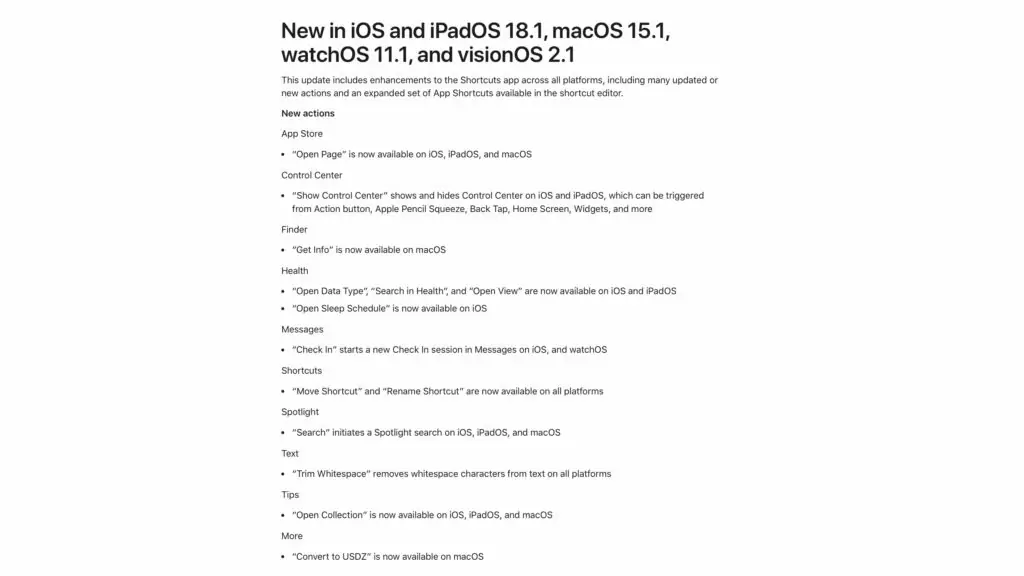 What’s new in Shortcuts for iOS 18.1, iPadOS 18.1, macOS 15.1, watchOS 11.1 and visionOS 2.1 »