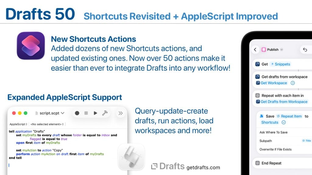 Draftws Drafts 50 released! Shortcuts Revisited, AppleScript Improved (Client ...