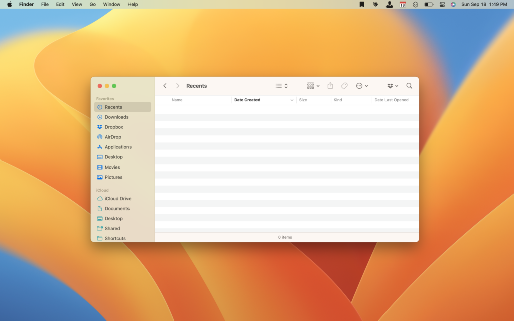 Screenshot of a macOS desktop with the default Ventura background showing an empty Recents tab in the Finder app.