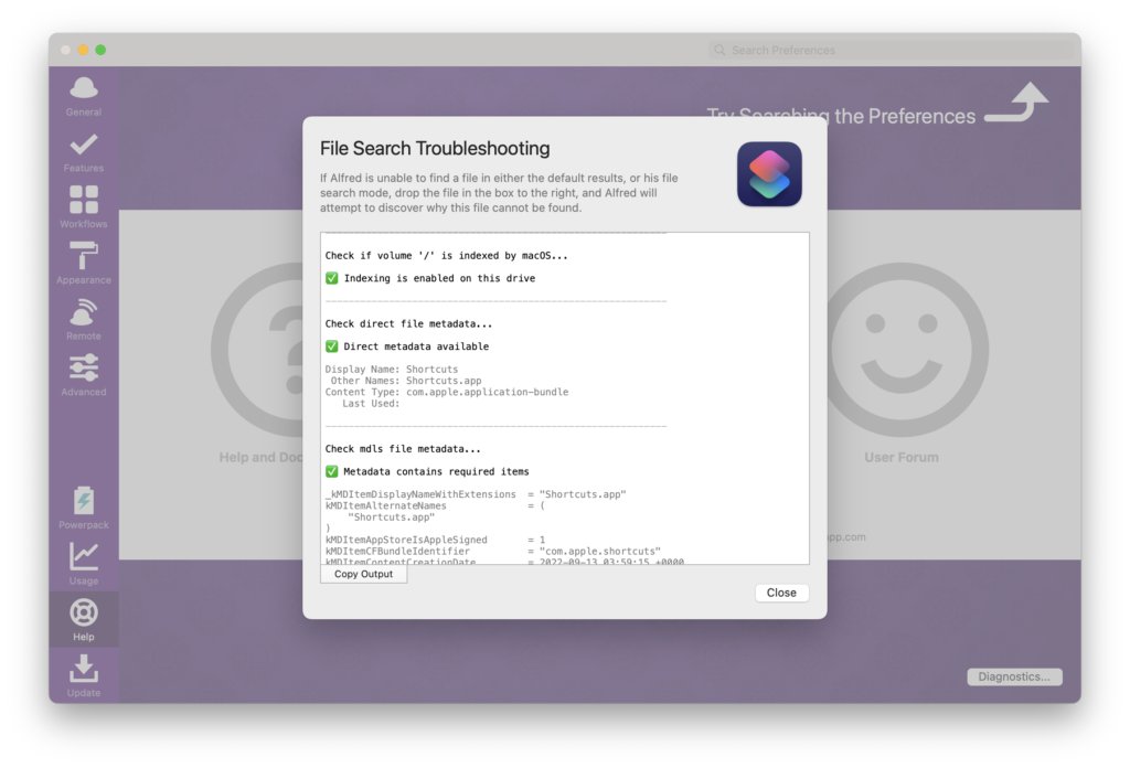 Screenshot of Alfred's troubleshooter running successfully after the process has been followed.
