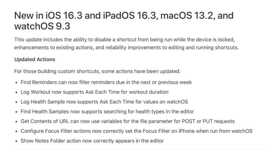 What’s New in Shortcuts in iOS 16.3 and iPadOS 16.3, macOS 13.2, and watchOS 9.3 »