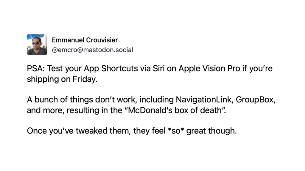 PSA: Test your App Shortcuts via Siri on Apple Vision Pro