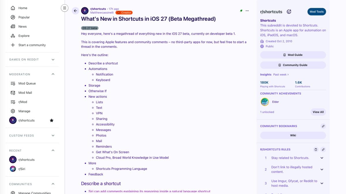 Reddit Megathread: What’s New in Shortcuts in iOS 27
