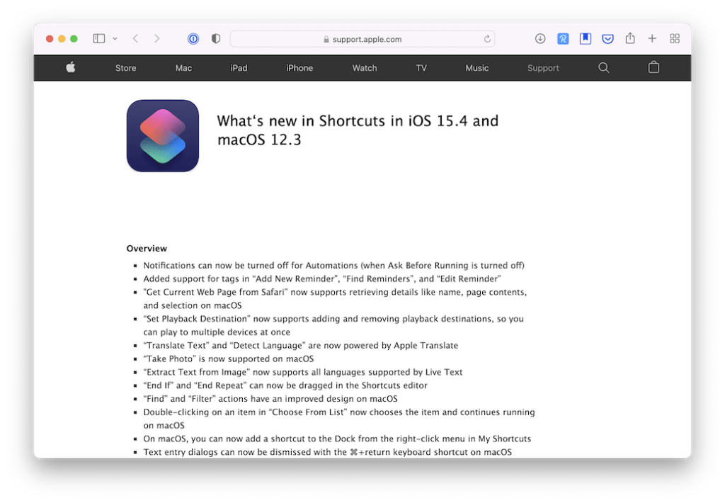 Apple posts Shortcuts changelog for iOS 15.4 and macOS 12.3