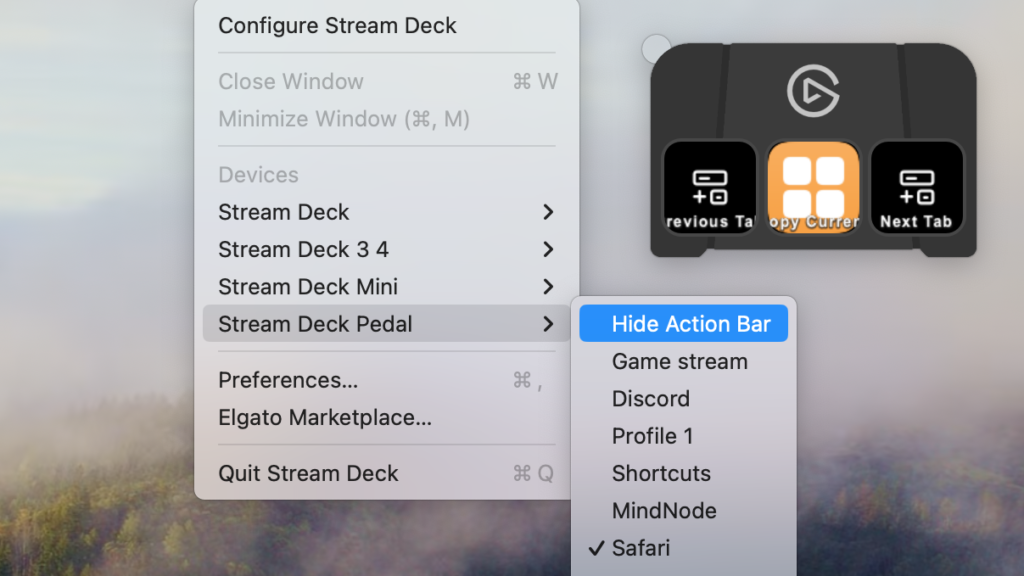 How to reopen the Action Bar for the Stream Deck Pedal on macOS